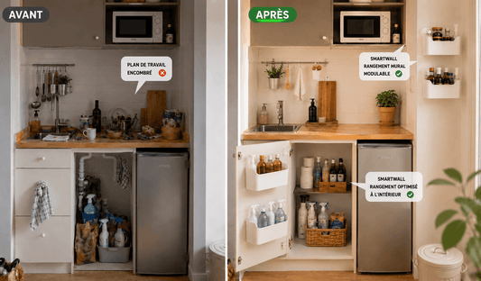 avant après optimisation d’une petite cuisine avec rangement mural et organisation sous évier sans percer