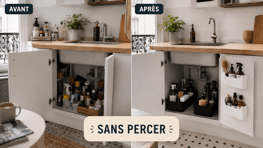 Avant après organisation d’une petite cuisine de studio parisien avec rangement sous évier et organisateurs adhésifs sans percer les murs.