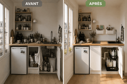 Avant après organisation d'une petite cuisine de studio parisien avec rangement mural et organisateur sous évier, transformation sans travaux