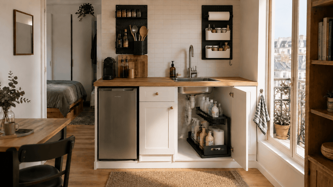 Petite cuisine de 5m2 optimisée avec rangement mural et organisateur sous évier