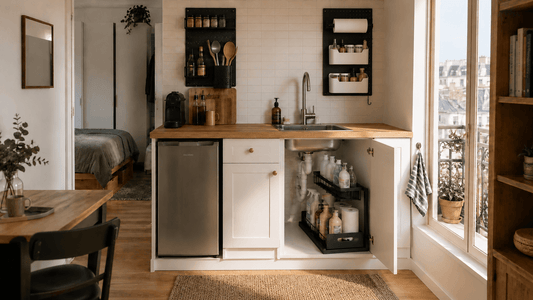 Petite cuisine de 5m2 optimisée avec rangement mural et organisateur sous évier