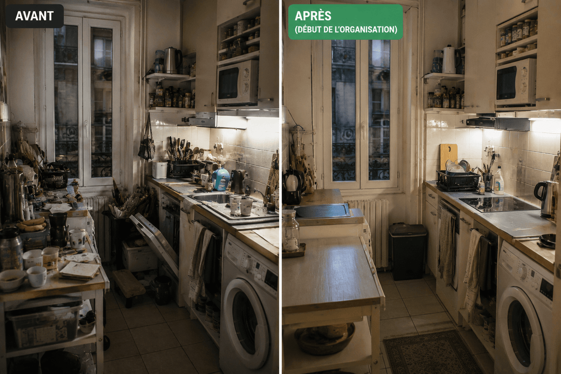 Cuisine de petit appartement en désordre avant réorganisation et optimisation de l’espace