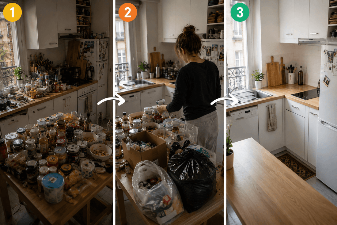 Petite cuisine désencombrée avec moins d’objets et rangement optimisé dans un appartement