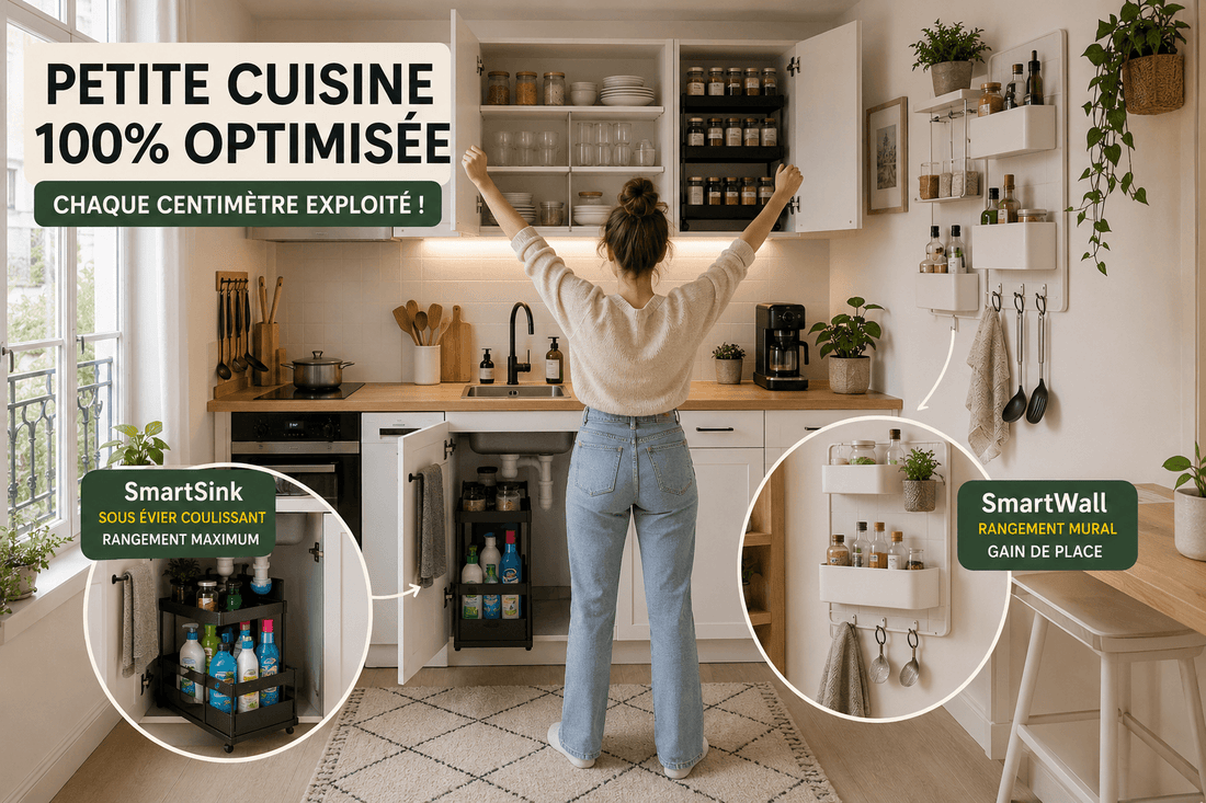 Petite cuisine de studio optimisée avec rangement mural SmartWall et sous évier SmartSink