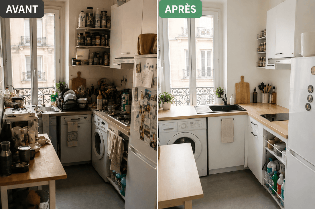 Petite cuisine en désordre dans un appartement avec sensation de surcharge mentale et manque d’organisation