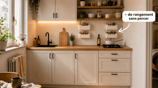 Organisation verticale dans une petite cuisine avec rangement mural sans percer (SmartWall) pour gagner de la place sans travaux.