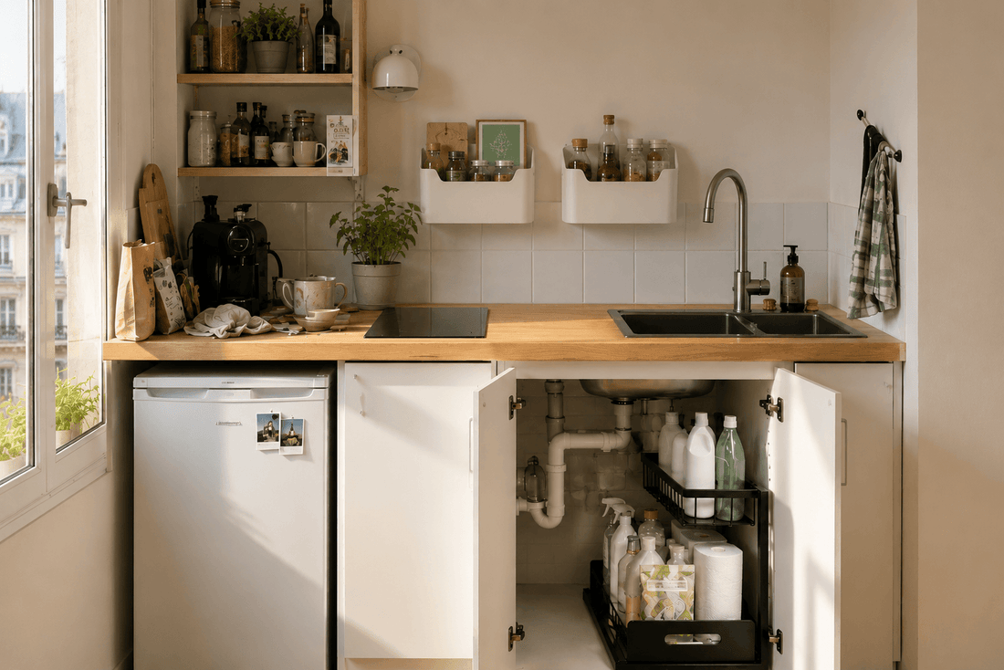 Petite cuisine organisée dans un studio avec rangement mural et organisateur sous évier