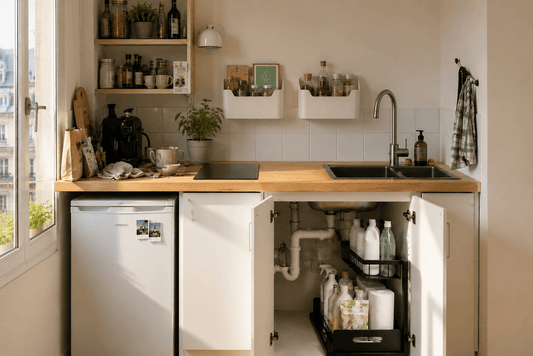 Petite cuisine organisée dans un studio avec rangement mural et organisateur sous évier