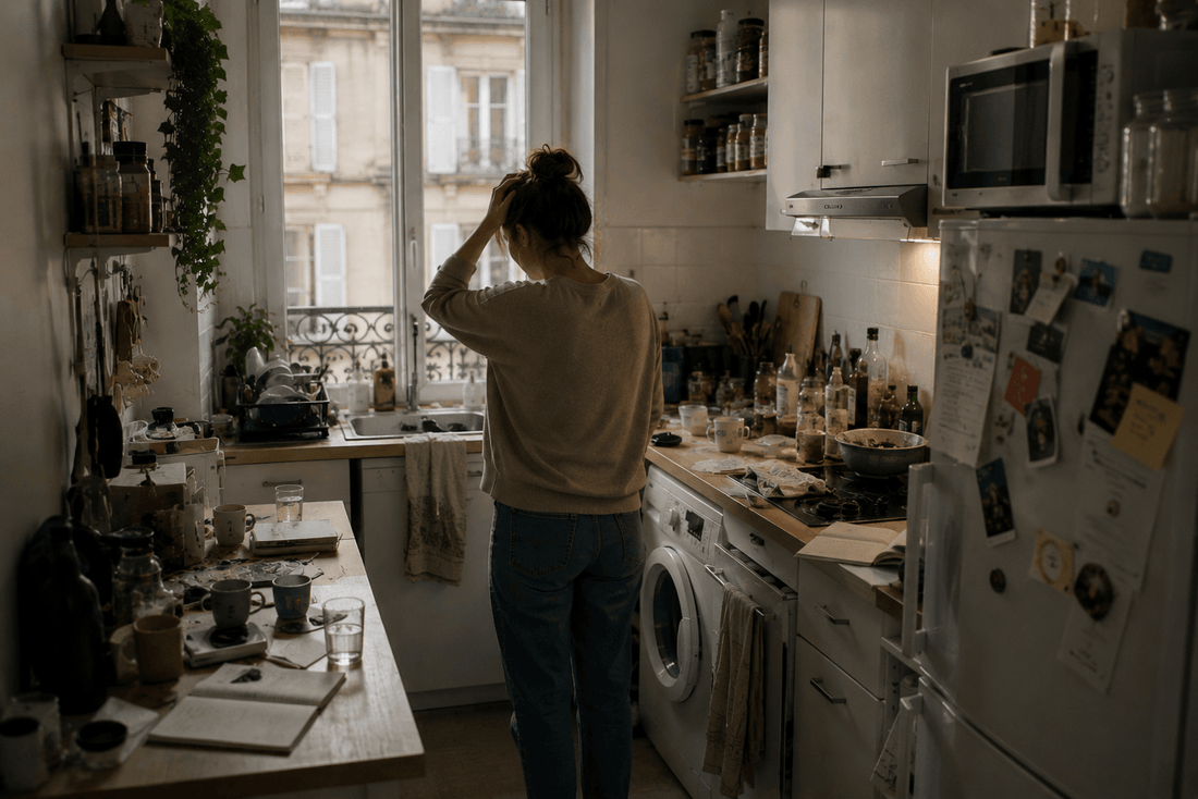 Petite cuisine où le désordre revient progressivement malgré le rangement