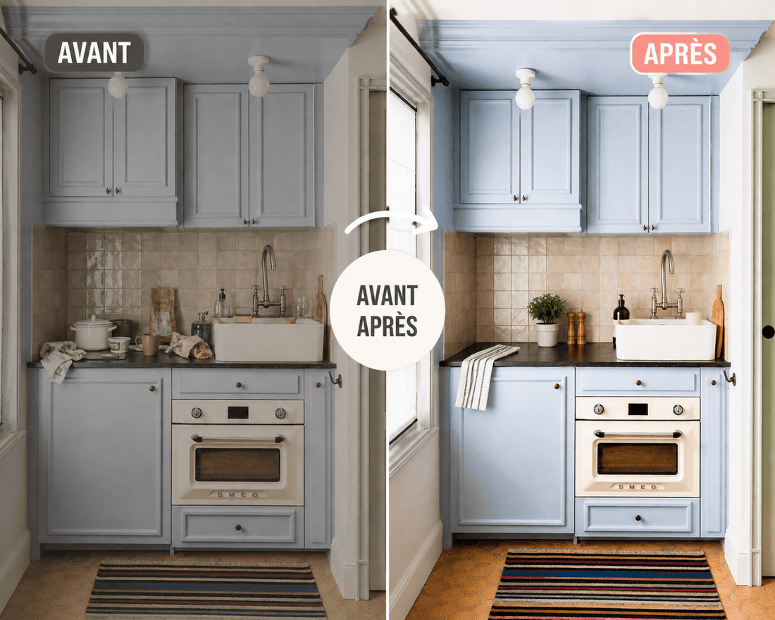 avant après petite cuisine en désordre transformée en cuisine fonctionnelle avec gain de place
