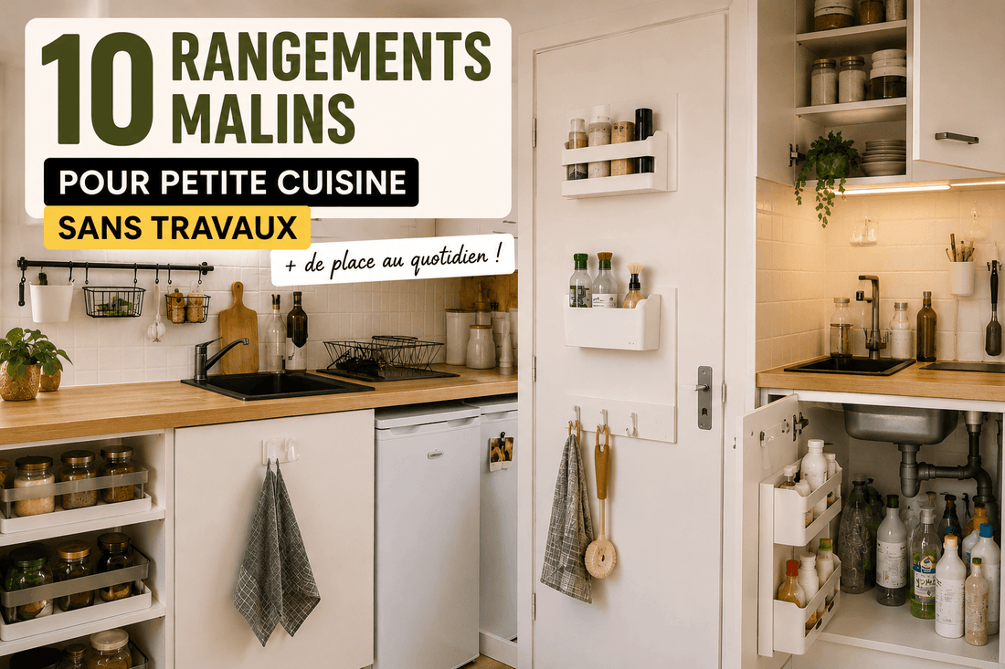 10 rangements malins pour petite cuisine sans travaux avec organisateurs muraux et rangement sous évier dans un studio moderne.