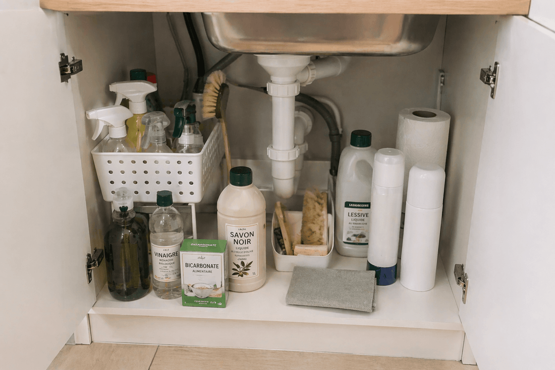 rangement produits menagers sous evier petit appartement organise