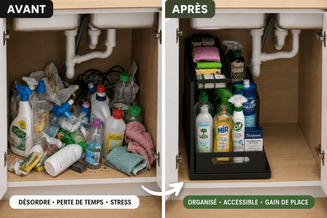 Transformation avant après d’un sous évier organisé avec un rangement coulissant SmartSink