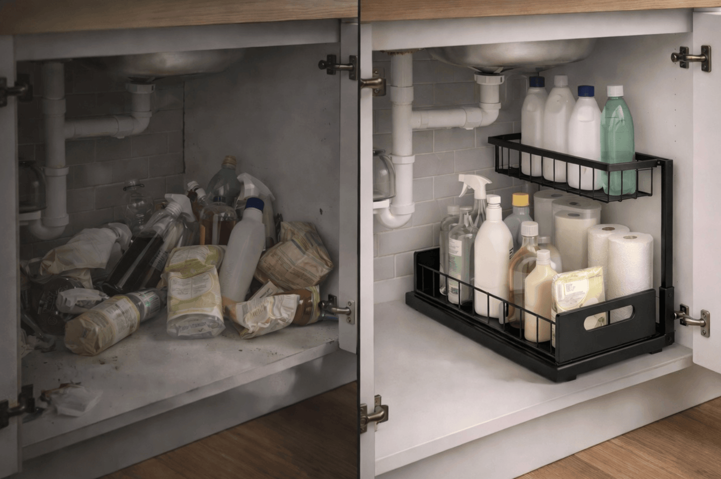 Avant après rangement sous évier — SmartSink Simplae transforme un espace encombré en cuisine organisée