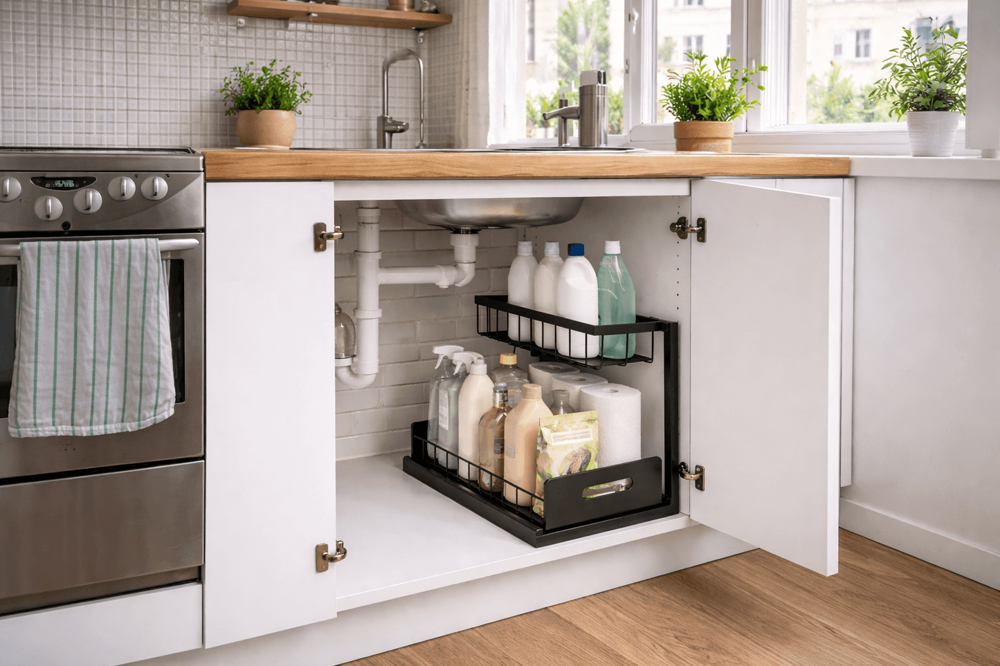 Cuisine d'appartement et sous évier propre et organisée grâce à SmartSink Simplae — moins de désordre, plus de sérénité