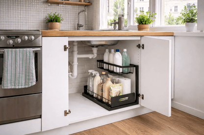 Cuisine d'appartement et sous évier propre et organisée grâce à SmartSink Simplae — moins de désordre, plus de sérénité