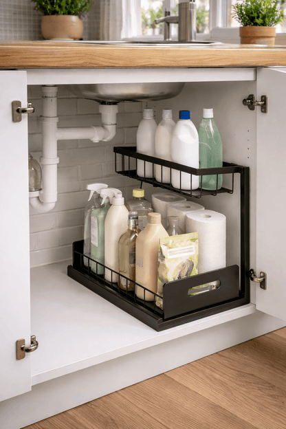 SmartSink installé sous évier de cuisine avec produits ménagers rangés